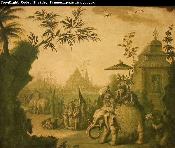 Jean-Baptiste Pillement A Chinoiserie Procession of Figures Riding on Elephants with Temples Beyond